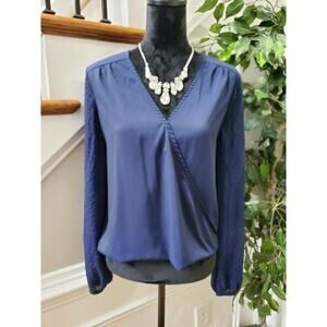 ACOA Women's Solid Blue Polyester V-Neck Long Sleeve Casual Blouse Size Large